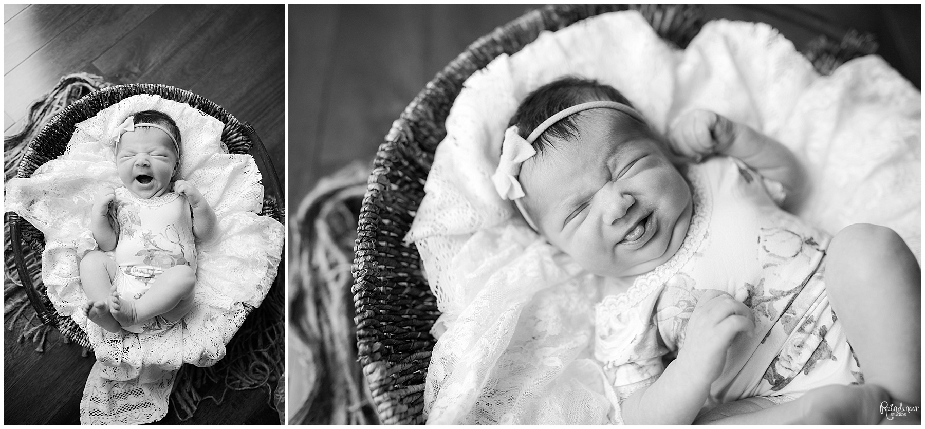 Baby girl yawns and sticks tongue out during her newborn session in Bloomington, Indiana.