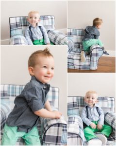 Two brothers sitting on blue chair and smiling by Raindancer Studios Indianapolis Family Photographer Jill Howell