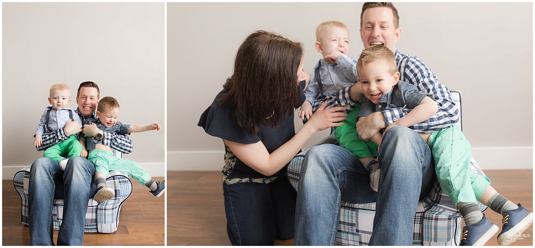 Two sons sitting with their parents in a chair and playing by Raindancer Studios Indianapolis Family Photographer Jill Howell