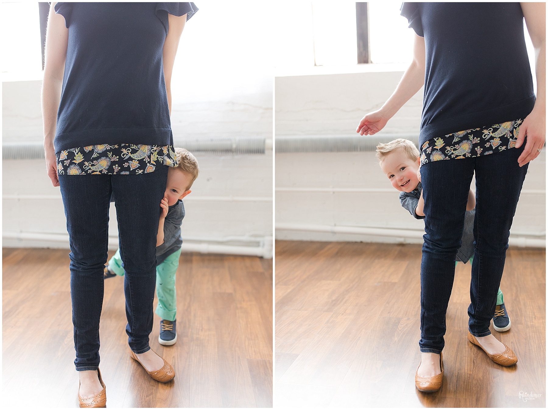 Son hiding behind his mothers legs by Raindancer Studios Indianapolis Family Photographer Jill Howelll