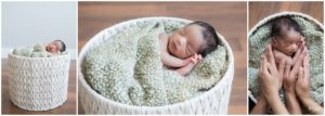 Newborn baby boy sleeping with green blanket in white basket by Raindancer Studios Indianapolis Newborn Photographer
