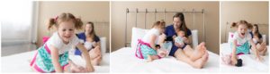 Mother playing with daughter and newborn baby boy on bed by Raindancer Studios Indianapolis Newborn Photographer Jill Howell