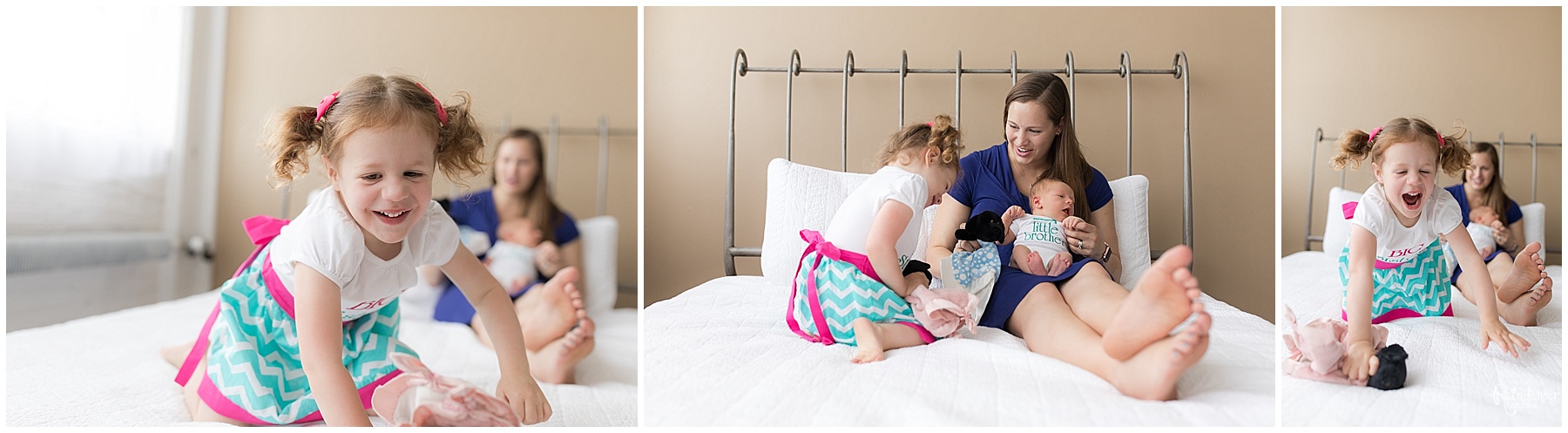 Mother playing with daughter and newborn baby boy on bed by Raindancer Studios Indianapolis Newborn Photographer Jill Howell 