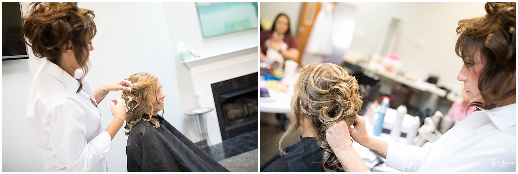 Bride getting her hair done by Raindancer Studios Indianapolis Wedding Photographer Jill Howell