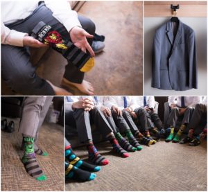 Groom and groomsmen in superhero socks by Indianapolis Wedding Photographer Jill Howell