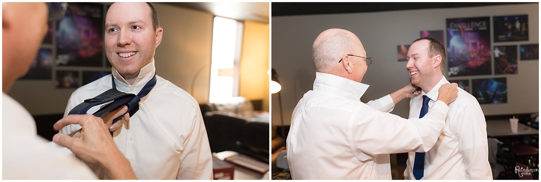 Father of the bride helping groom put on his tie by Indianapolis Wedding Photographer Jill Howell