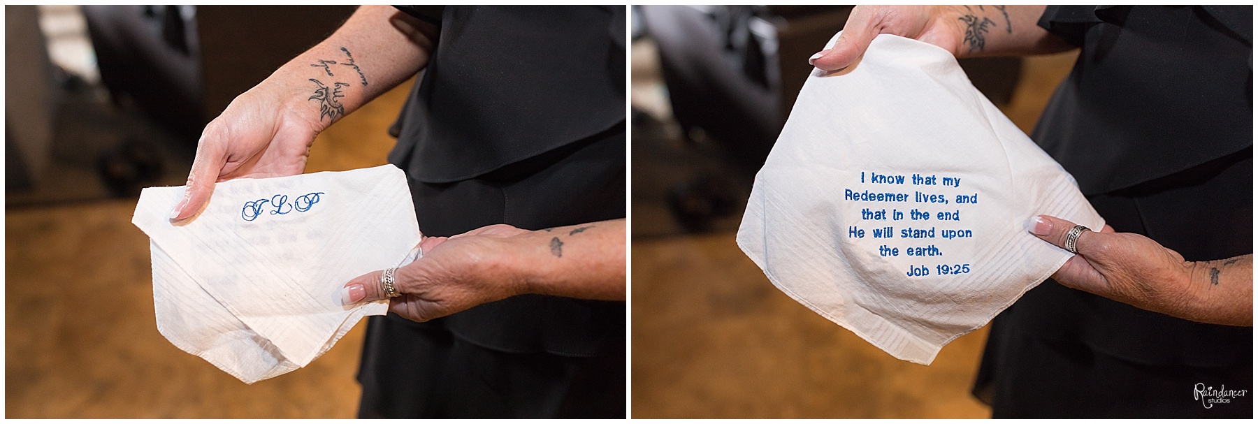 Mother of groom holding inscribed handkerchief by Indianapolis Wedding Photographer Jill Howell 