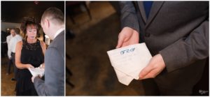 Mother of groom holding inscribed handkerchief by Indianapolis Wedding Photographer Jill Howell