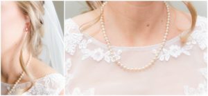 Brides pearls on her neck by Raindancer Studios Indianapolis Wedding Photographer Jill Howell