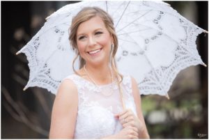 Bride outside holding a white parasol umbrella by Raindancer Studios Indianapolis Wedding Photographer Jill Howell