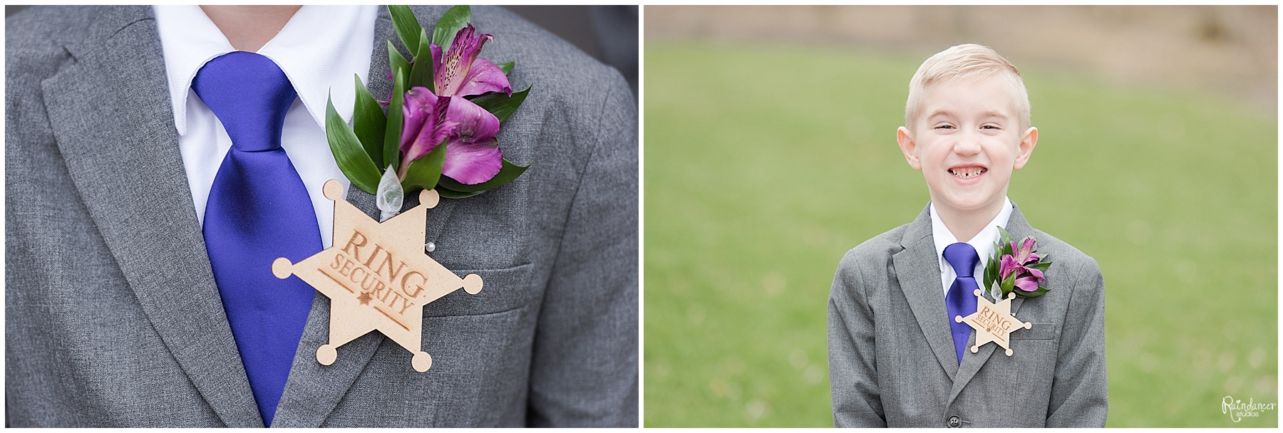 Ring bearer wearing a badge by Raindancer Studios Indianapolis Wedding Photographer Jill Howell