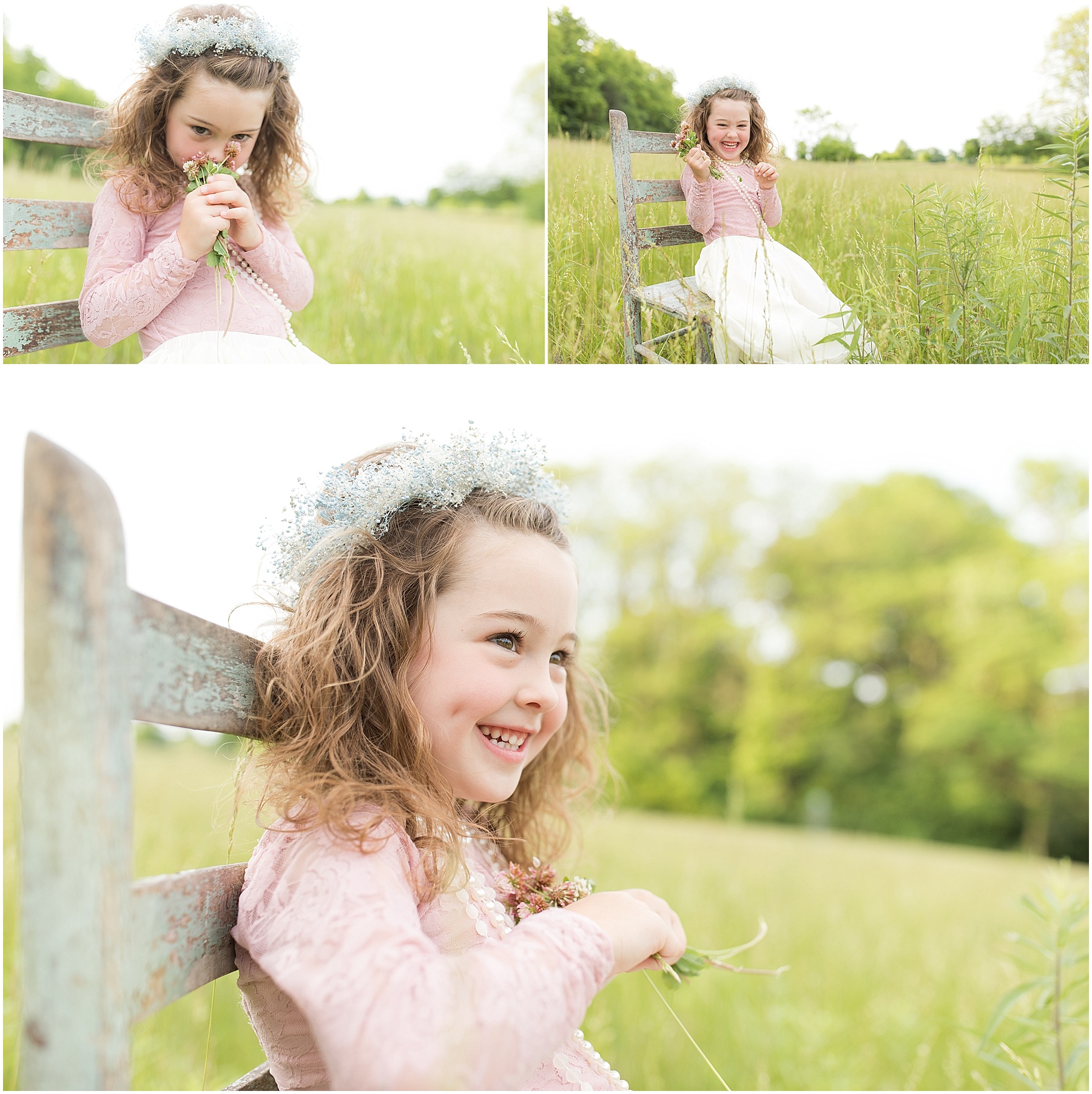 Little girl in a pink dress picking flowers in the field, Indianapolis Children's Photographer 