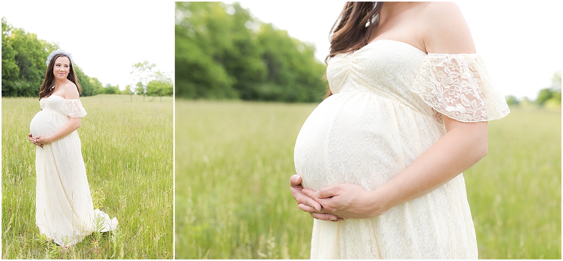 Expecting mother holding her belly in a field, Indianapolis Maternity Photography