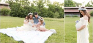 Parents reading story "I am a big sister" in the field. Indy Maternity Photographer