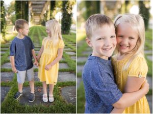Twin siblings holding hands and hugging, Columbus Family Photography, Raindancer Studios