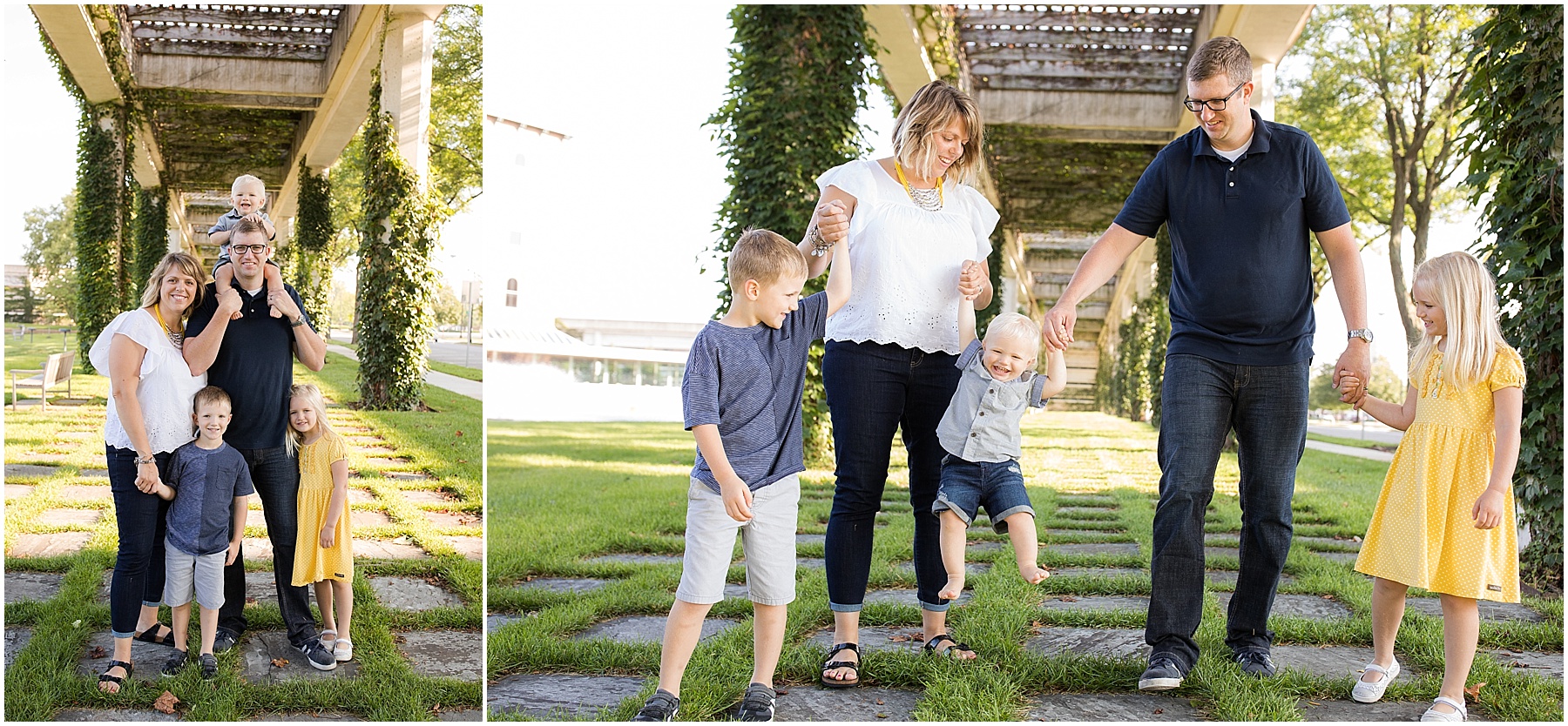 Parents and their three children holding hands walking, Columbus Family Photographer, Raindancer Studios 