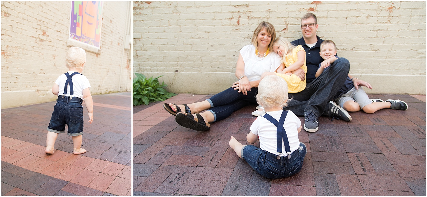 One year old boy with suspenders looking at his parents, Columbus Family Photography, Raindancer Studios 