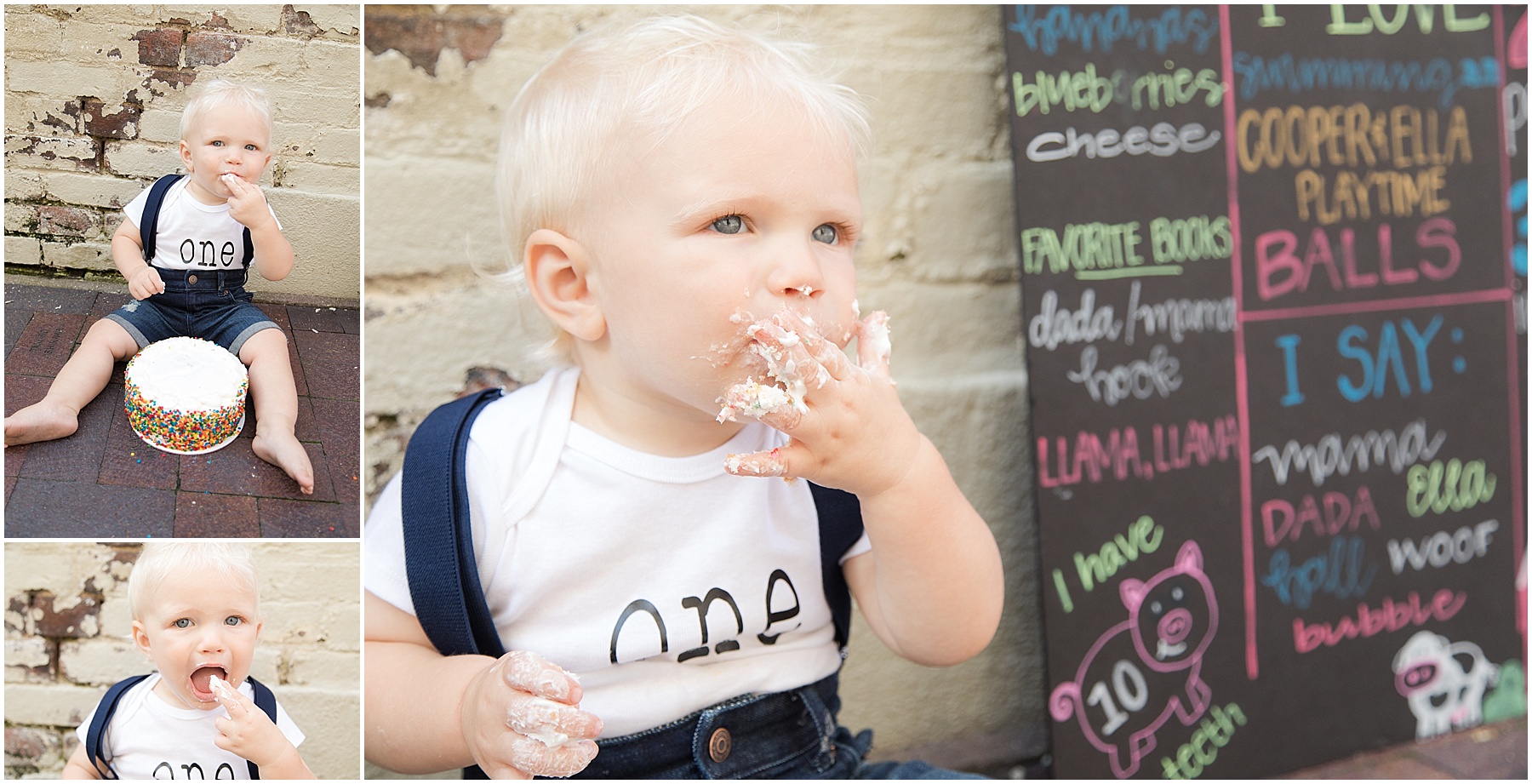 One year old smash cake, licking icing off of fingers. Columbus Family Photography, Raindancer Studios 
