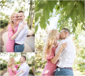 Soon to be husband and wife holding each other close under a tree, Indianapolis Engagement Photographer