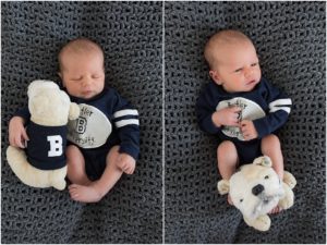 Newborn baby boy and his Butler stuffed animal, Indianapolis Newborn Photography, Raindancer Studios