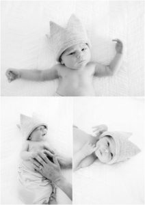 Newborn baby boy and his crown hat. Indianapolis Newborn Photography. Raindancer Studios