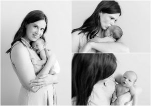Mother holding her newborn baby boy in her arms, kisses and hugs. Indianapolis Family Photography. Raindancer Studios