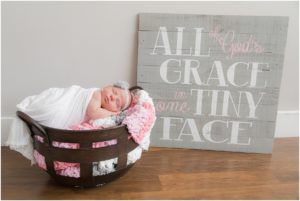Baby girl in basket with sign. Taken by Raindancer Studios Newborn Photographer